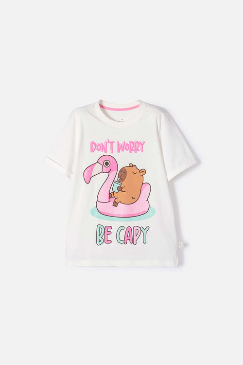 CAMISETA DE CAPIBARA MARFIL ESTAMPADA EN FRENTE PARA NIÑA