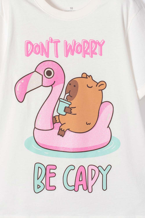CAMISETA DE CAPIBARA MARFIL ESTAMPADA EN FRENTE PARA NIÑA