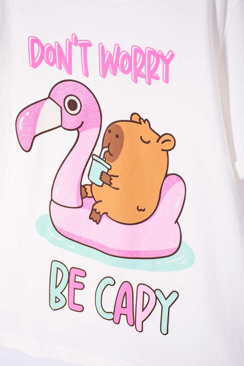 CAMISETA DE CAPIBARA MARFIL ESTAMPADA EN FRENTE PARA NIÑA