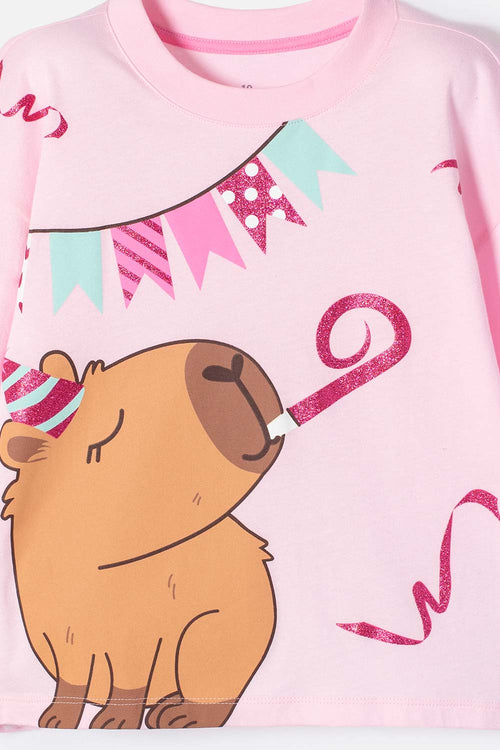 CAMISETA DE CAPIBARA ROSA PASTEL MANGA CORTA PARA NIÑA