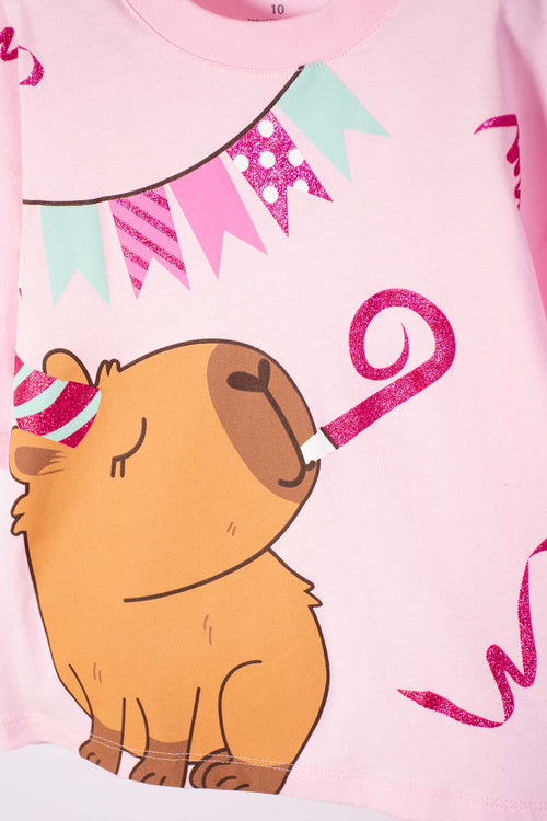 CAMISETA DE CAPIBARA ROSA PASTEL MANGA CORTA PARA NIÑA
