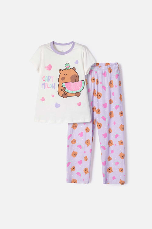 PIJAMA DE CAPIBARA LILA Y BLANCA DE PANTALÓN LARGO PARA NIÑA