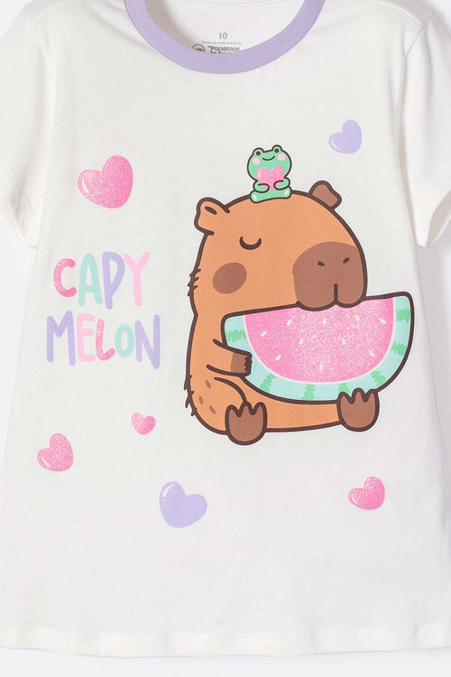 PIJAMA DE CAPIBARA LILA Y BLANCA DE PANTALÓN LARGO PARA NIÑA
