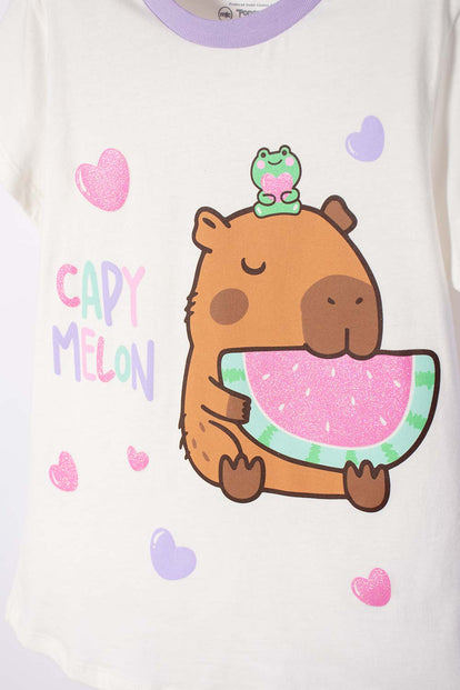 PIJAMA DE CAPIBARA LILA Y BLANCA DE PANTALÓN LARGO PARA NIÑA