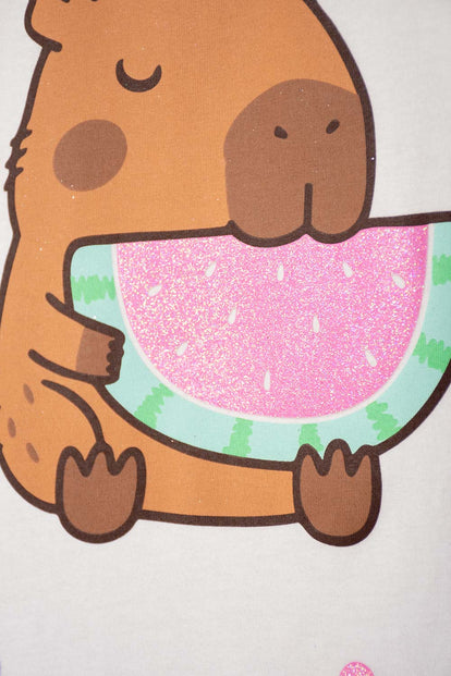 PIJAMA DE CAPIBARA LILA Y BLANCA DE PANTALÓN LARGO PARA NIÑA