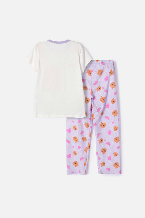 PIJAMA DE CAPIBARA LILA Y BLANCA DE PANTALÓN LARGO PARA NIÑA