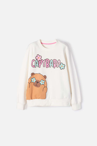 BUZO DE CAPIBARA MARFIL DE DISEÑO CERRADO PARA NIÑA