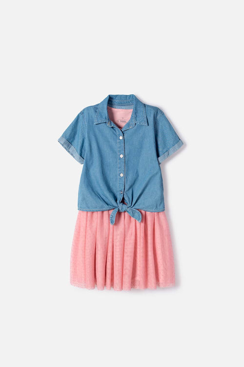 VESTIDO DE MIC DE DOS PIEZAS DENIM/ROSA PARA NIÑA