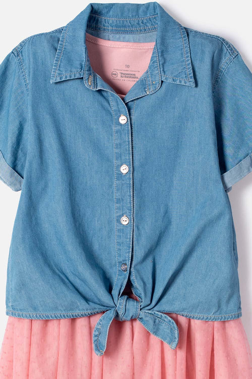 VESTIDO DE MIC DE DOS PIEZAS DENIM/ROSA PARA NIÑA