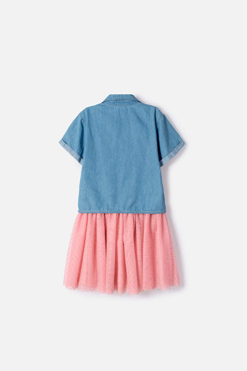 VESTIDO DE MIC DE DOS PIEZAS DENIM/ROSA PARA NIÑA