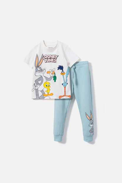 CONJUNTO LOONEY TUNES,  MARFIL /AGUA  PANTALÓN LARGO UNISEX