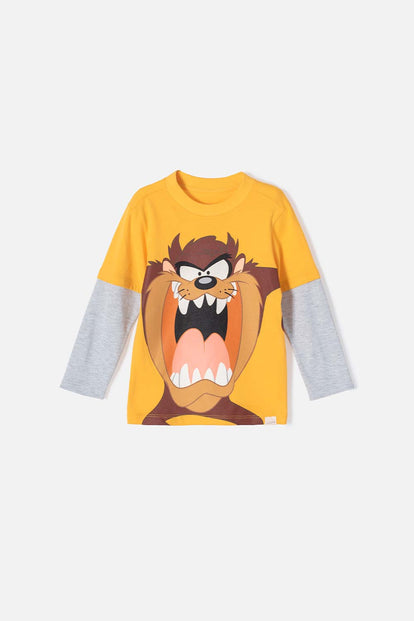 CAMISETA DE TAZMANIA MANGA LARGA MOSTAZA Y GRIS PARA NIÑO