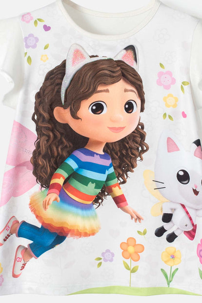 CAMISETA DE GABBY'S DOLLHOUSE MARFIL MANGA CORTA PARA NIÑA 2T A 5T