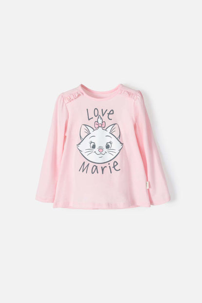 CAMISETA DE LA GATA MARIE MANGA LARGA ROSADA PARA NIÑA