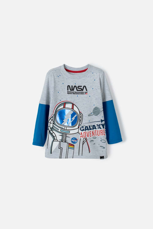 NASA LONG SLEEVE HEATHER GRAY AND BLUE T-SHIRT FOR BOYS 2T-5T
