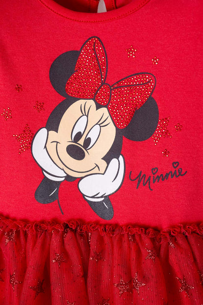 VESTIDO DE MINNIE MOUSE ROJO ESTAMPADO EN FRENTE PARA NIÑA 2T A 5T