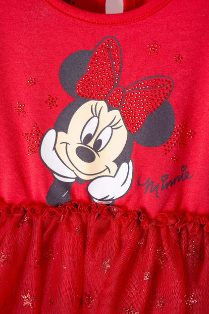 VESTIDO DE MINNIE MOUSE ROJO ESTAMPADO EN FRENTE PARA BEBÉ NIÑA