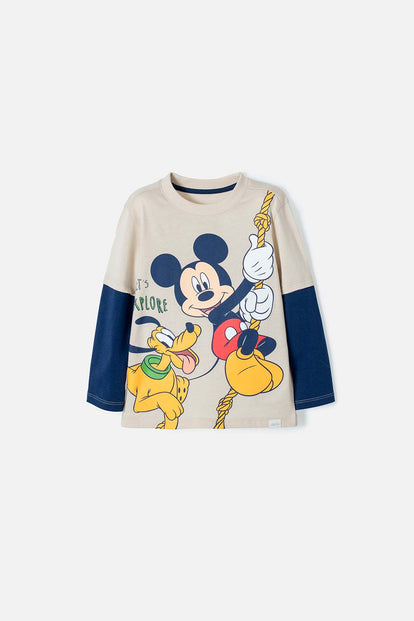 CAMISETA MICKEY MANGA LARGA CAQUI Y AZUL PARA NIÑO 2T A 5T