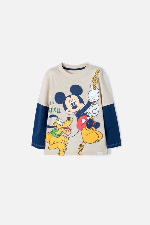 MICKEY LONG SLEEVE T-SHIRT KHAKI AND BLUE FOR BOYS 2T TO 5T
