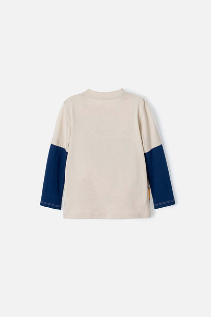 CAMISETA MICKEY MANGA LARGA CAQUI Y AZUL PARA NIÑO 2T A 5T