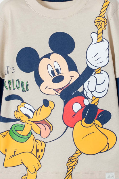 CAMISETA MICKEY MANGA LARGA CAQUI Y AZUL PARA NIÑO 2T A 5T