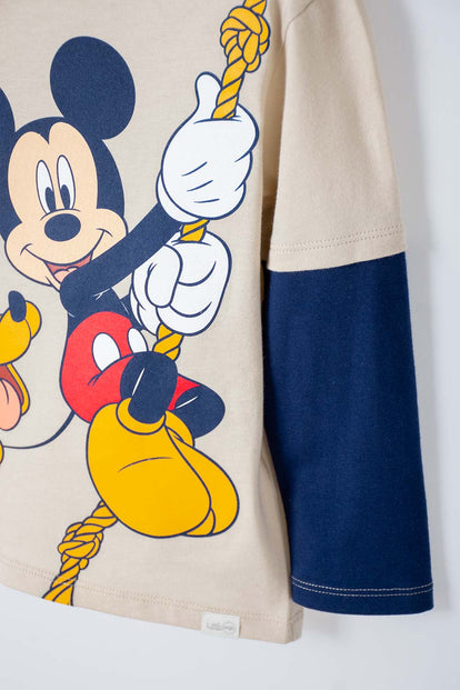 CAMISETA MICKEY MANGA LARGA CAQUI Y AZUL PARA NIÑO 2T A 5T