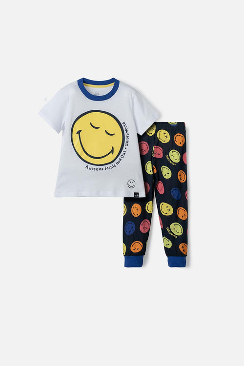 BOY'S WHITE AND DARK BLUE SHORT-SLEEVED SMILEY PAJAMAS 2T TO 5T