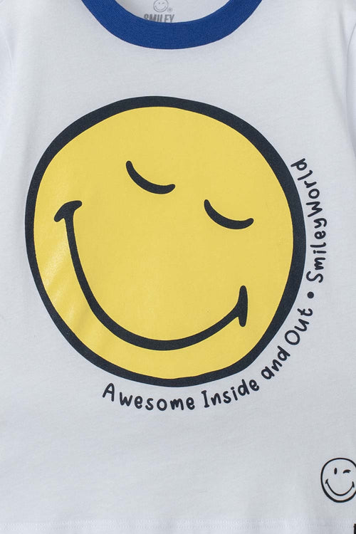 BOY'S WHITE AND DARK BLUE SHORT-SLEEVED SMILEY PAJAMAS 2T TO 5T