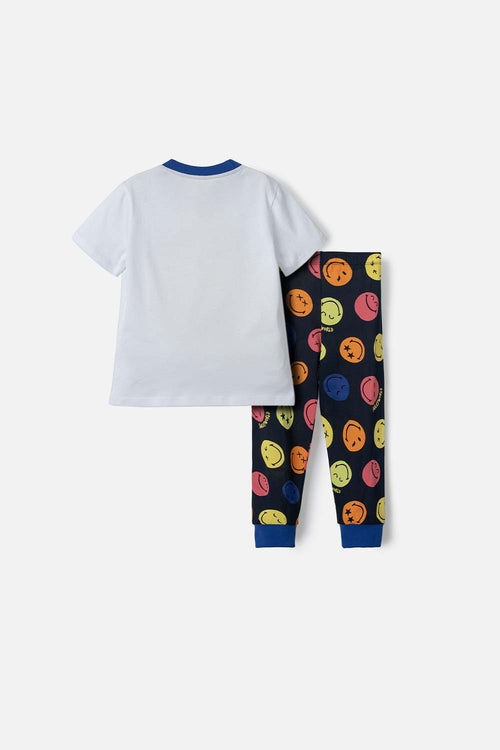 BOY'S WHITE AND DARK BLUE SHORT-SLEEVED SMILEY PAJAMAS 2T TO 5T