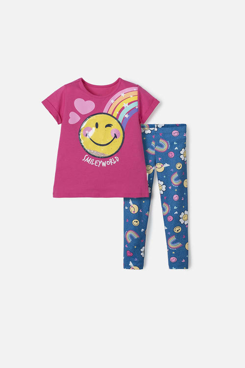 GIRLS' FUCHSIA AND BLUE SMILEY LONG-PANTS SET 2T-5T