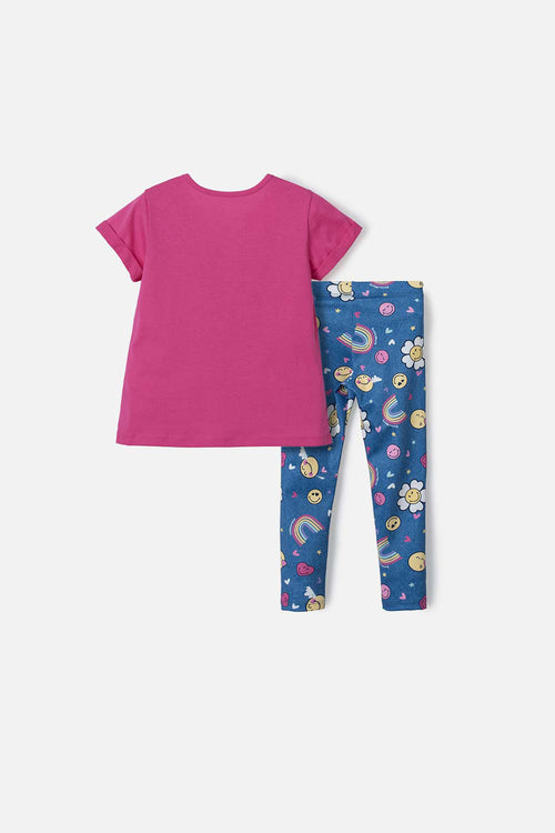 GIRLS' FUCHSIA AND BLUE SMILEY LONG-PANTS SET 2T-5T