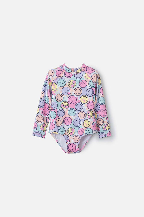 GIRL'S MULTICOLOR SMILEY LONG SLEEVE SWIMSUIT 2T TO 5T