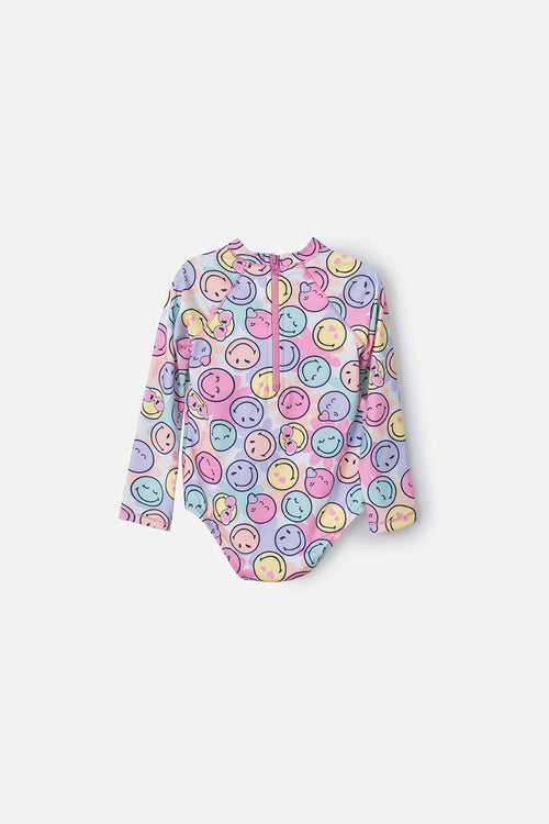 GIRL'S MULTICOLOR SMILEY LONG SLEEVE SWIMSUIT 2T TO 5T