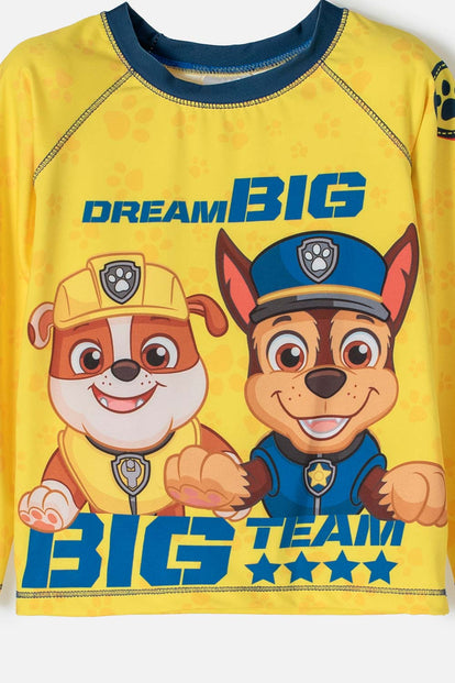 CONJUNTO DE BAÑO DE PAW PATROL AMARILLO Y AZUL MANGA LARGA PARA NIÑO 2T A 5T