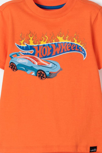 CAMISETA DE HOT WHEELS NARANJA CON CUELLO REDONDO PARA NIÑO 2T A 5T