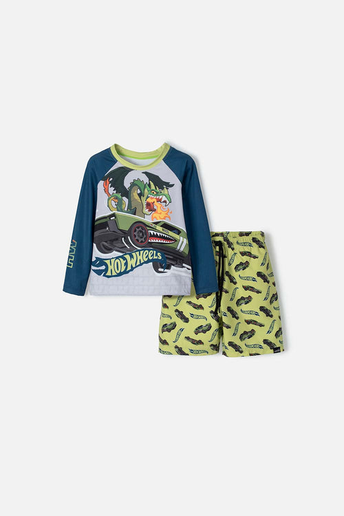 HOT WHEELS GREEN, BLUE AND GREY LONG SLEEVE BATHING SUIT FOR BOY 2T TO 5T