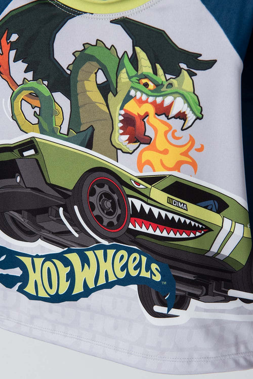 HOT WHEELS GREEN, BLUE AND GREY LONG SLEEVE BATHING SUIT FOR BOY 2T TO 5T