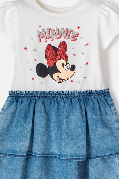 VESTIDO DE MINNIE MOUSE MARFIL Y AZUL DE FALDA CON BOLEROS PARA NIÑA 2T A 5T