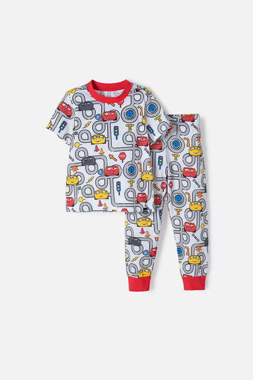 BOYS' CARS PAJAMAS WITH LONG WHITE AND RED PANTS 2T TO 5T
