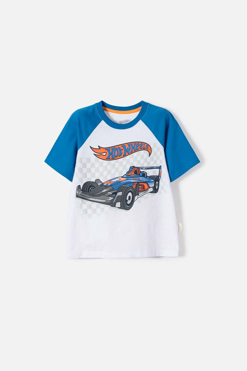 HOT WHEELS SHORT SLEEVE BLUE AND WHITE T-SHIRT FOR BOYS 2T TO 6T