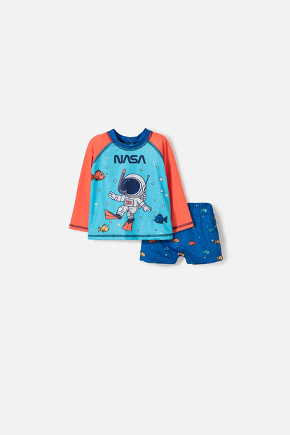 CONJUNTO DE BAÑO DE LA NASA AZUL Y NARANJA PARTA BEBÉ NIÑO