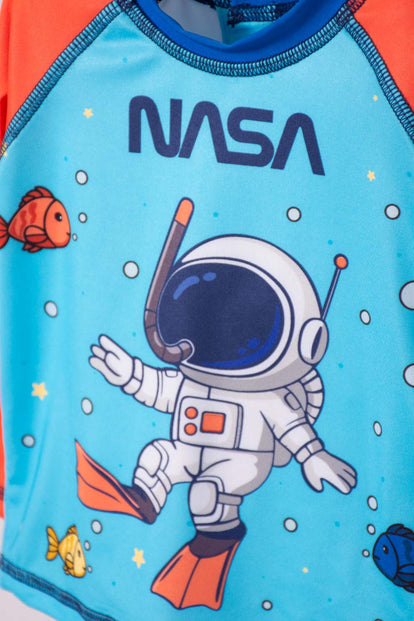 CONJUNTO DE BAÑO DE LA NASA AZUL Y NARANJA PARTA BEBÉ NIÑO