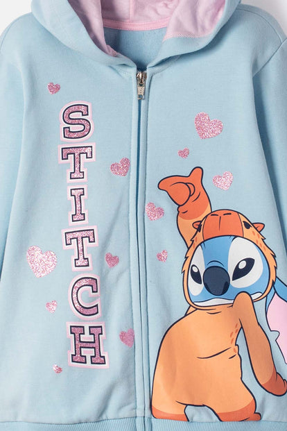 BUZO DE STITCH Y CAPYBARA CON CIERRE AZUL PARA NIÑA 2T A 6T