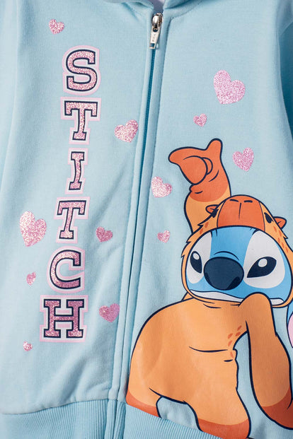 BUZO DE STITCH Y CAPYBARA CON CIERRE AZUL PARA NIÑA 2T A 6T