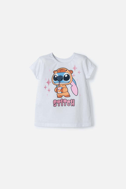 CAMISETAS DE STITCH Y CAPYBARA MANGA CORTA BLANCO PARA NIÑA 2T A 6T