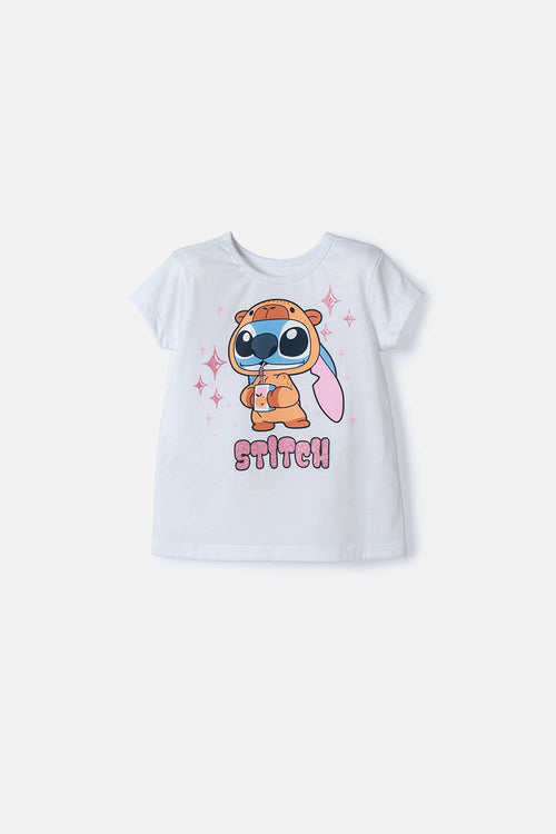 CAMISETAS DE STITCH Y CAPYBARA MANGA CORTA BLANCO PARA NIÑA 2T A 6T