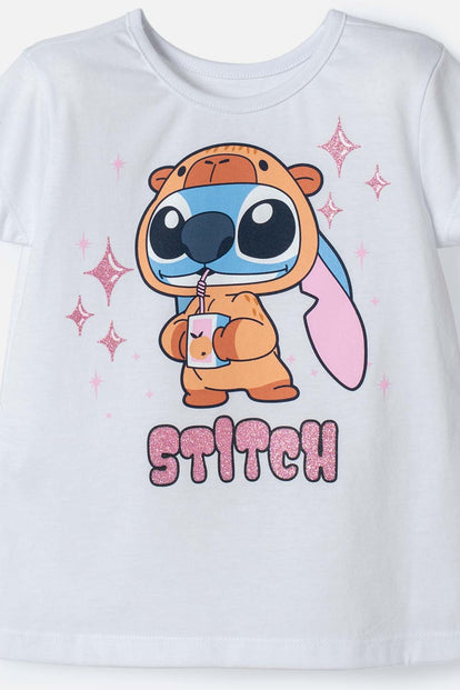 CAMISETAS DE STITCH Y CAPYBARA MANGA CORTA BLANCO PARA NIÑA 2T A 6T