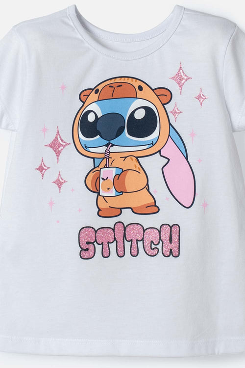 CAMISETAS DE STITCH Y CAPYBARA MANGA CORTA BLANCO PARA NIÑA 2T A 6T