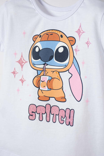 CAMISETAS DE STITCH Y CAPYBARA MANGA CORTA BLANCO PARA NIÑA 2T A 6T