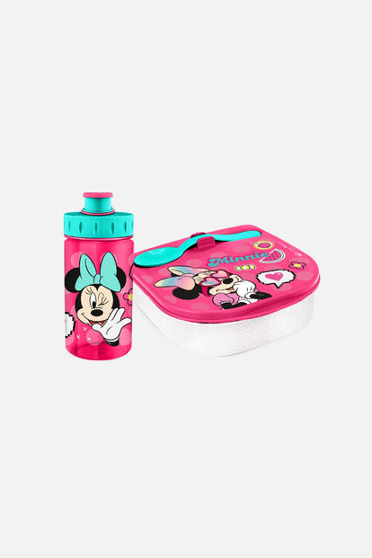 SET DE PORTA, CUBIERTO Y BOTELLA DE MINNIE MOUSE ROSADO Y AZUL